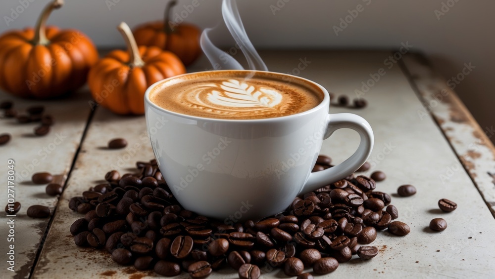 Fototapeta premium Autumn pumpkin spice latte with coffee beans.