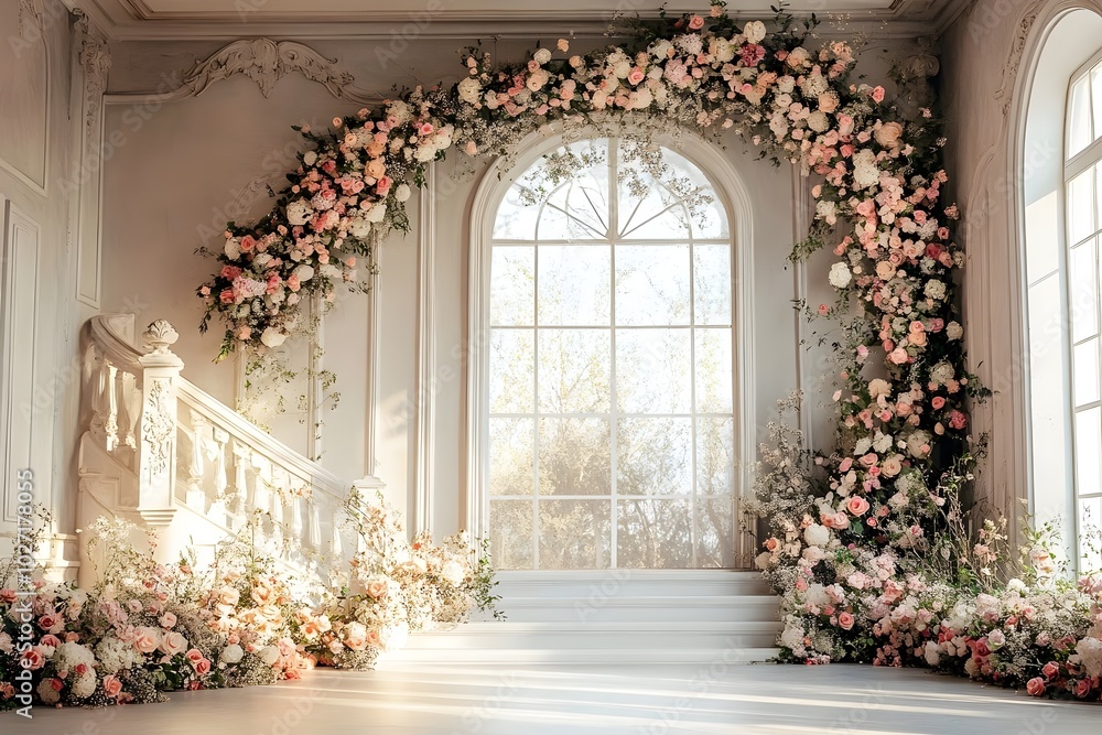 Beautiful wedding backdrop with flowers and staircase generative AI Beautiful wedding backdrop with flowers and staircase generative AI