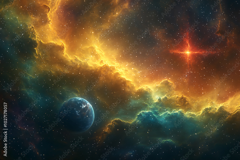 Epic view, fantasy creatures. nothing in foreground. background is space Epic view, fantasy creatures. nothing in foreground. background is space