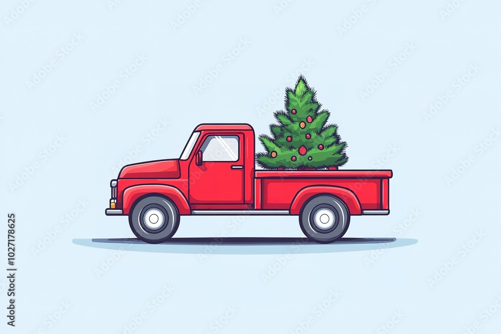 Fototapeta premium A red car with a Christmas tree on the roof, a flat design illustration, simple and cute. Vector art with a winter background