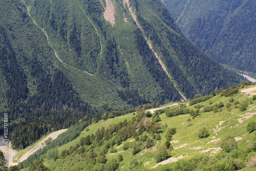 green slopes of the Elbrus mountains near the village of Dombay in midsummer photo