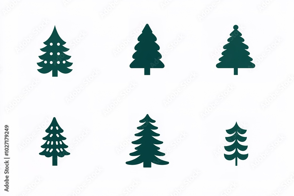 A set of vector icons in dark green, each depicting an illustration of a Christmas tree. The design is simple and minimalistic with clean lines on a white background A set of vector icons in dark green, each depicting an illustration of a Christmas tree. The design is simple and minimalistic with clean lines on a white background