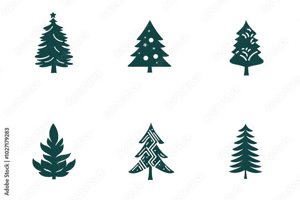 Fototapeta premium A set of vector icons in dark green, each depicting an illustration of a Christmas tree. The design is simple and minimalistic with clean lines on a white background