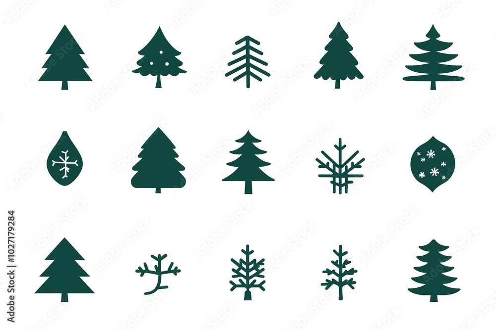 Obraz premium A set of vector icons in dark green, each depicting an illustration of a Christmas tree. The design is simple and minimalistic with clean lines on a white background