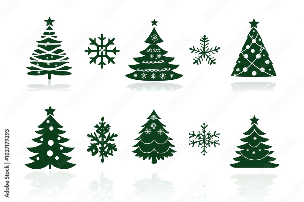 Obraz premium A set of vector icons in dark green, each depicting an illustration of a Christmas tree. The design is simple and minimalistic with clean lines on a white background