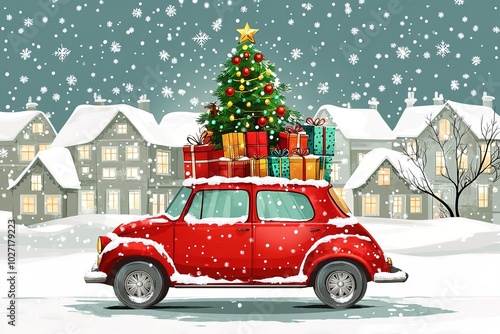 A red car with a Christmas tree on the roof, a flat design illustration, simple and cute. Vector art with a winter background