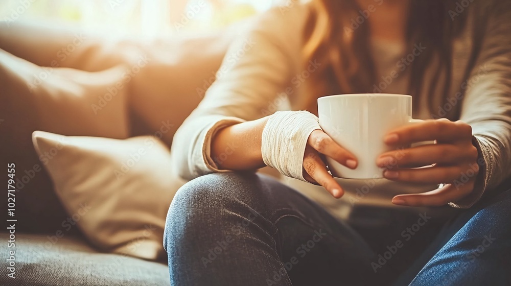 Woman with a wrist cast sitting on her couch with her arm propped on a cushion while her partner hands her a cup of tea Stock Photo with side copy space Woman with a wrist cast sitting on her couch with her arm propped on a cushion while her partner hands her a cup of tea Stock Photo with side copy space