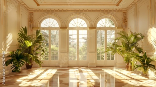 a classic interior with large windows and plants.