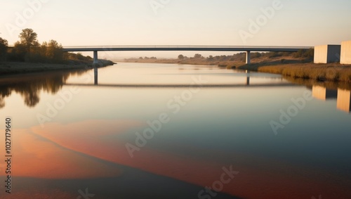 A water body with a bridge in the distance and nearby structures on the opposite bank. photo