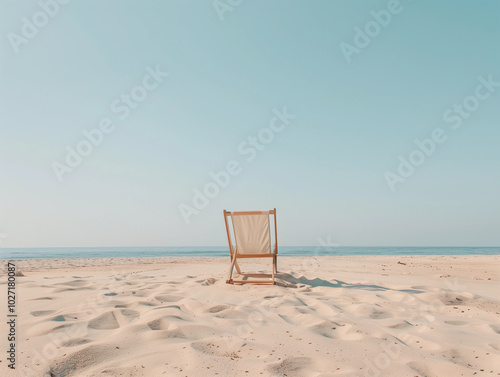 Pretty minimal beach deck chair summer beach sand ocean sky vacation relax travel holiday sun coastal solitude scenic background copy space peaceful banner relaxation book trip 