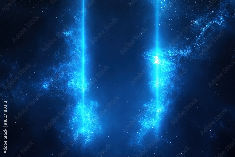 Blue background with two glowing light beams, vector illustration, dark ...
