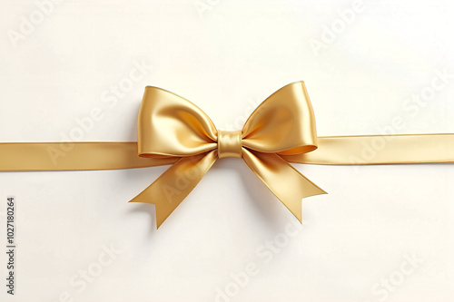 golden ribbon and bow elegantly displayed, glistening against a pristine white background, capturing the essence of celebration and gift-giving with soft shadows creating depth photo