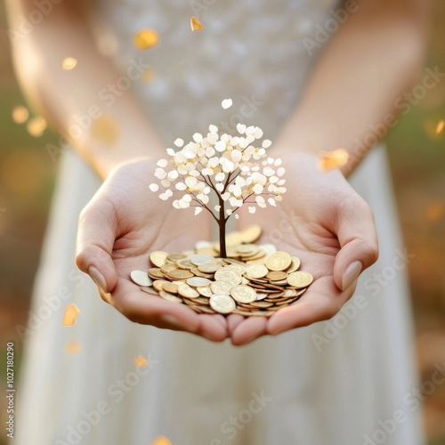 person holds small tree made of coins and symbols, surrounded by golden leaves, symbolizing growth and prosperity. scene conveys sense of hope and abundance