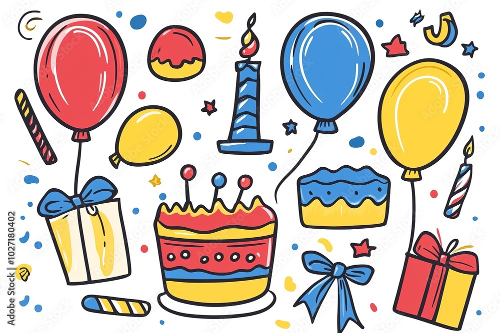 sticker of cute cartoon party elements: a birthday cake and balloons, bow ties, bunting flags, gifts, and ribbons on a white background sticker of cute cartoon party elements: a birthday cake and balloons, bow ties, bunting flags, gifts, and ribbons on a white background