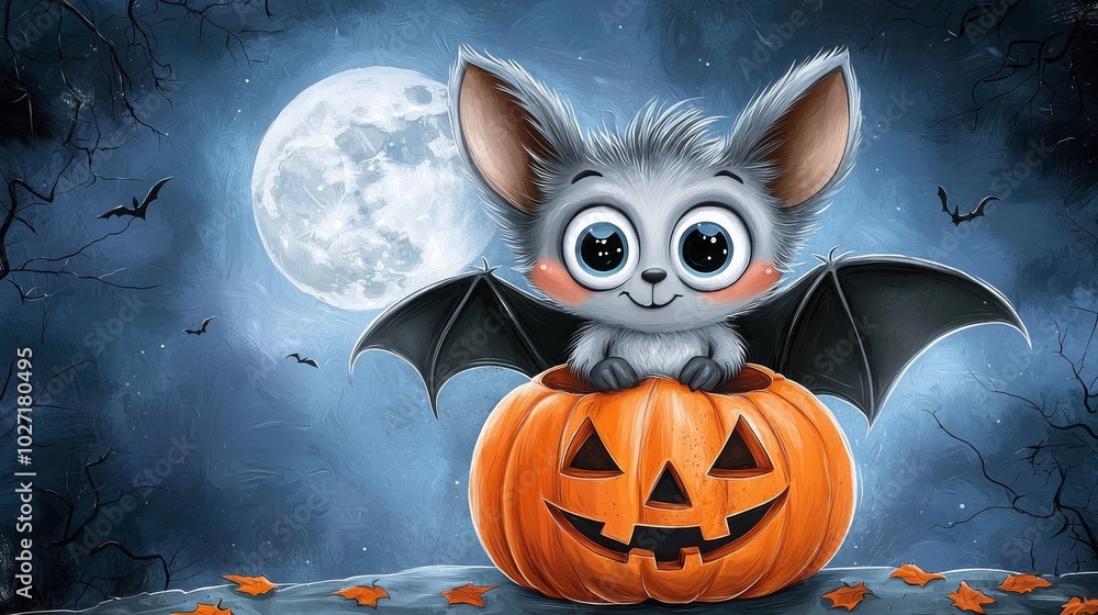 adorable bat on pumpkin, Concept halloween background bat gloomy adorable bat on pumpkin, Concept halloween background bat gloomy
