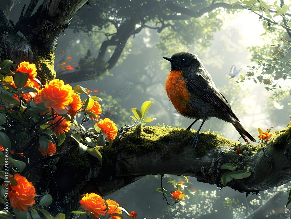 A Bird Perched on a Branch in a Lush Forest