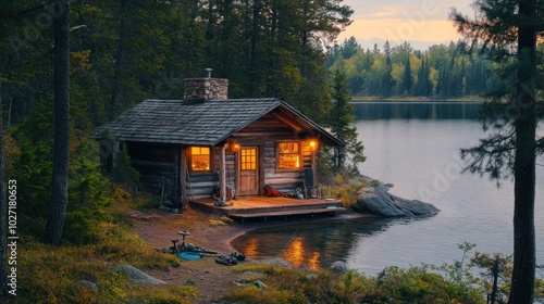Fototapeta Naklejka Na Ścianę i Meble -  A cozy wooden cabin with lights on sits by the lake in a forested area at sunset.