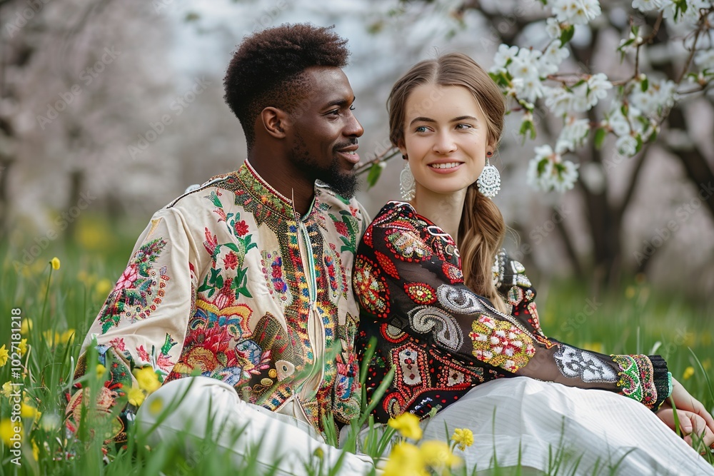 An Interracial couple sits on grass in spring garden dress An Interracial couple sits on grass in spring garden dress