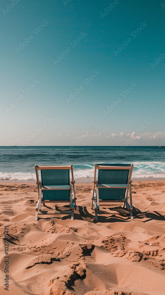 Two romantic beach chair ocean sand tourism travel agent vacation getaway destination itinerary summer coastal escape sea holiday honeymoon couple package blue sky concept banner background copy space Two romantic beach chair ocean sand tourism travel agent vacation getaway destination itinerary summer coastal escape sea holiday honeymoon couple package blue sky concept banner background copy space