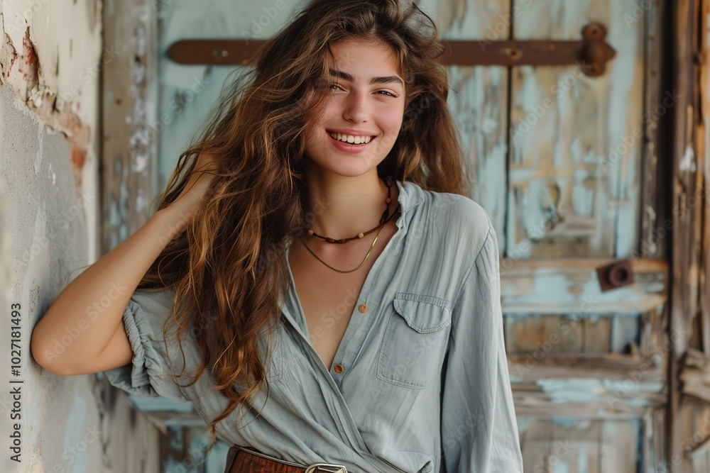 A Kind longhaired woman keeping her hand on the belt A Kind longhaired woman keeping her hand on the belt