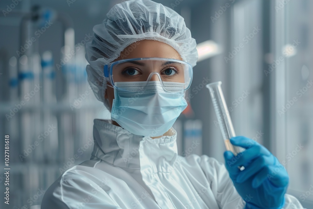 A Laboratory assistant in a sterile uniform holds a test A Laboratory assistant in a sterile uniform holds a test