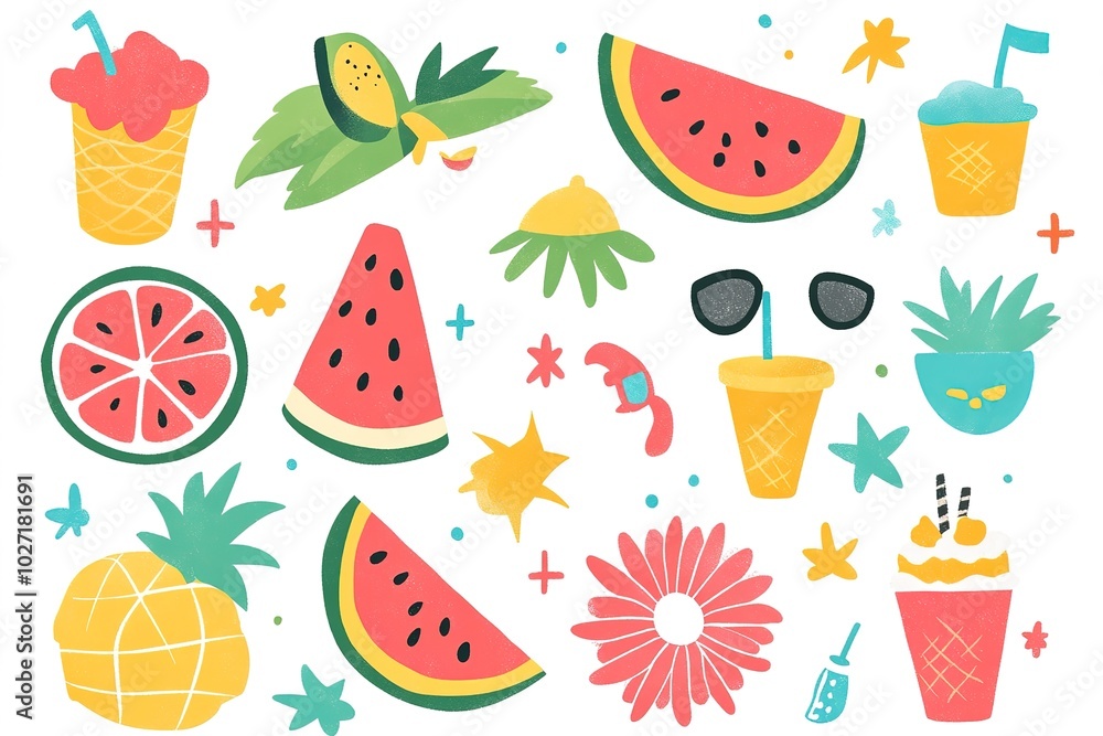 A collection of summer icons, such as watermelon slices and ice cream cones, in a flat design style with bright colors like green, yellow, blue, pink, and orange on a white background A collection of summer icons, such as watermelon slices and ice cream cones, in a flat design style with bright colors like green, yellow, blue, pink, and orange on a white background