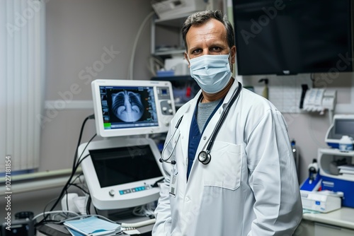 A Male doctor in mask with ultrasound equipment in the