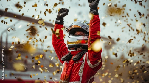 Formula One racing team driver celebrates victory with golden confetti on the racetrack background.