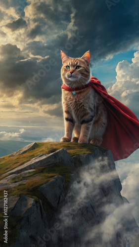 a heroic cat in a fantasy setting, standing tall on a cliff, with a flowing cape