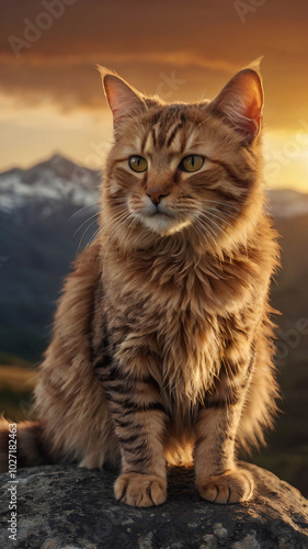 a heroic cat standing on a rock, gazing into the distance, its fur shining in the golden sunset light. The cat is muscular and has a determined, brave expression