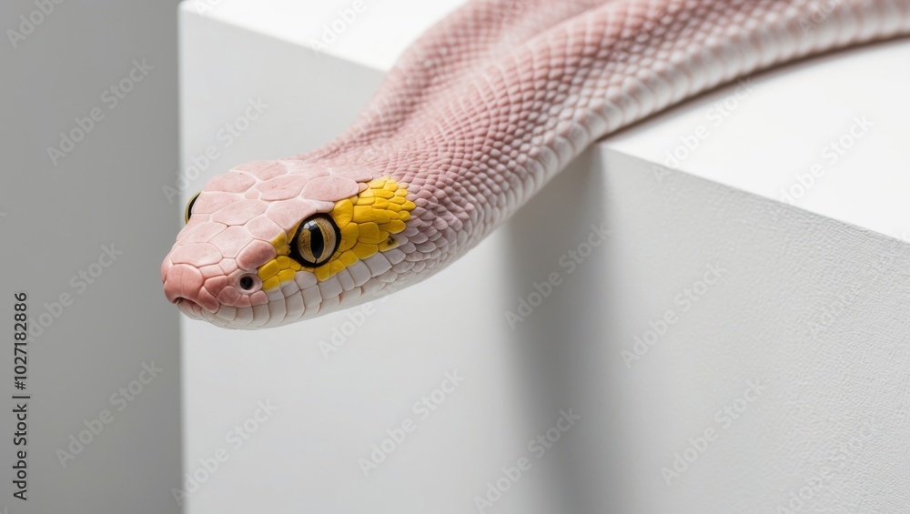 Fototapeta premium A tight shot of a pink snake's head featuring a yellow marking on its left eye.