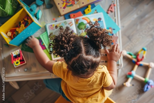 A Mixed race toddler girl sitting at nursery by the kids photo