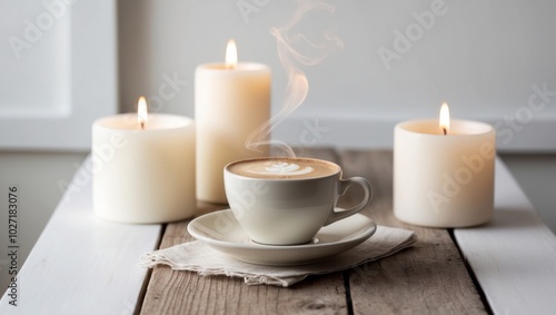 Wallpaper Mural A wooden table with a cup of cappuccino and candles in the background. Torontodigital.ca