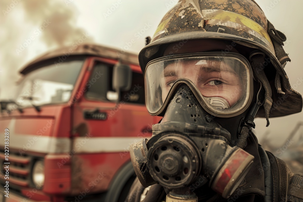 A Photo of fireman with gas mask and helmet near fire A Photo of fireman with gas mask and helmet near fire