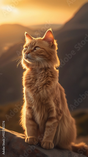 The cat is muscular and has a determined, brave expression. The background features a wide open landscape with mountains