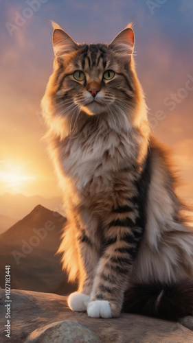 A close-up photorealistic image of a heroic cat standing on a rock, gazing into the distance