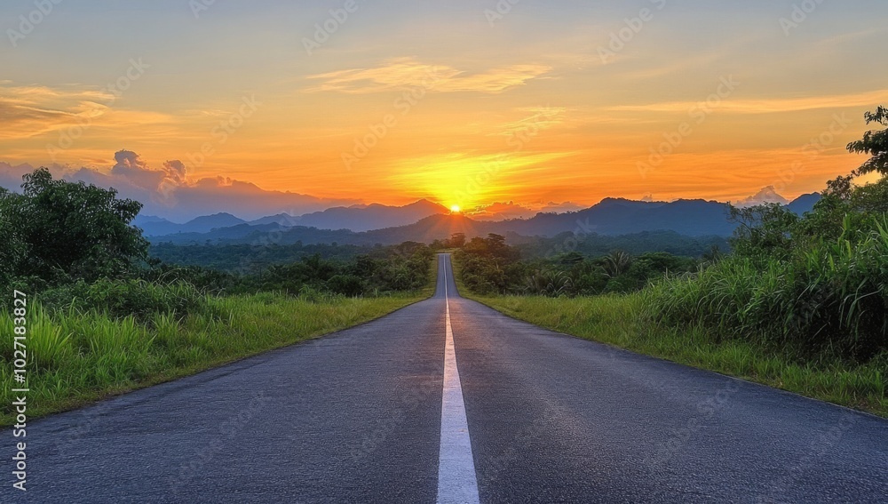 Fototapeta premium A scenic road stretching towards the horizon as the sun sets behind a mountain range.