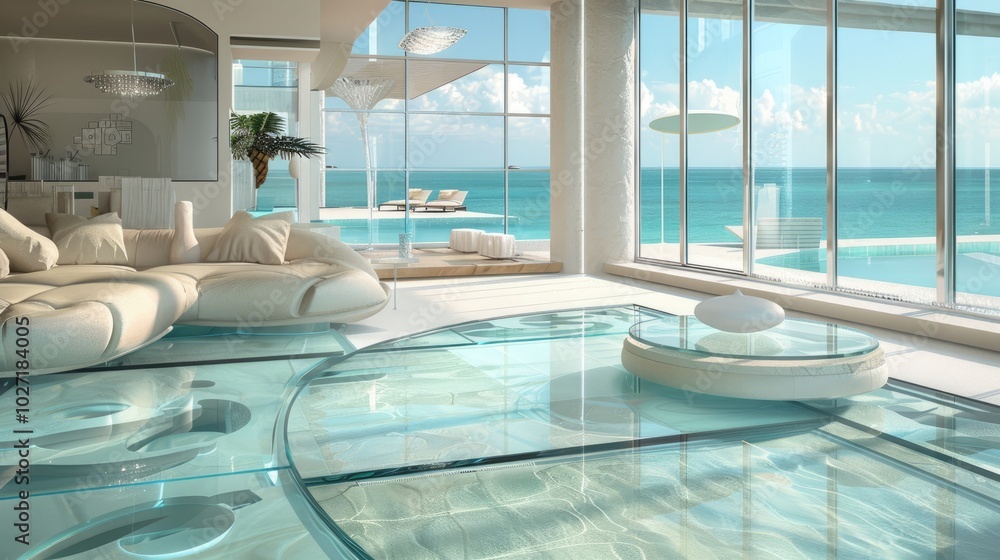 modern living room with swimming pool and sea view modern living room with swimming pool and sea view