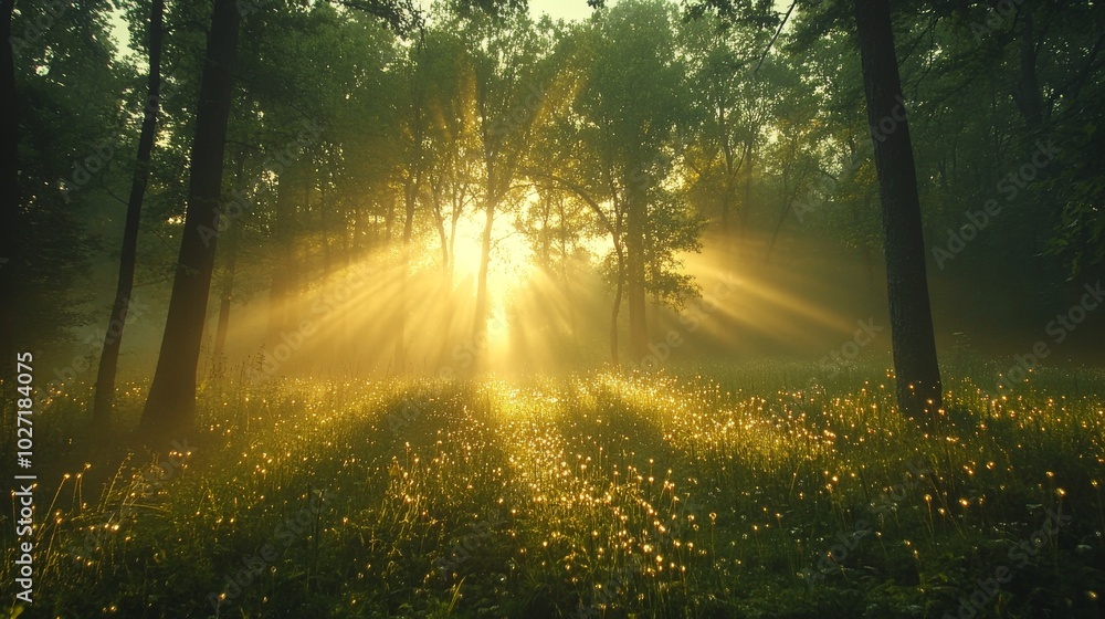 Fototapeta premium Sunbeams Illuminate a Foggy Forest Clearing with Dew-Covered Grass