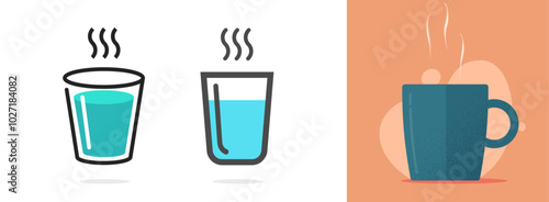 Hot water mug icon, warm tea cup or coffee glass sign symbol pictogram line outline stroke art and flat cartoon image cut out set, boiling brewed beverage drink with steam smoke silhouette shape
