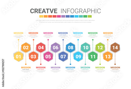 Timeline infographics design vector can be used for workflow layout, diagram, annual report, web design. Business concept with 14 options, steps or processes.