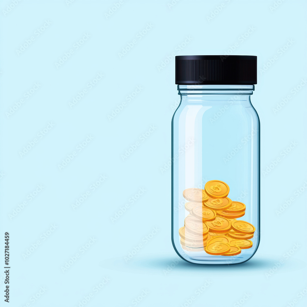 clear glass jar filled with golden coins sits against light blue background, symbolizing savings and financial growth. jars black lid adds modern touch to this simple yet impactful image clear glass jar filled with golden coins sits against light blue background, symbolizing savings and financial growth. jars black lid adds modern touch to this simple yet impactful image