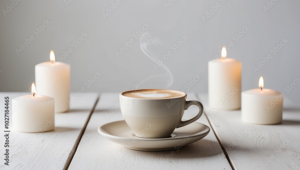 A wooden table with a cup of cappuccino and candles in the background. A wooden table with a cup of cappuccino and candles in the background.