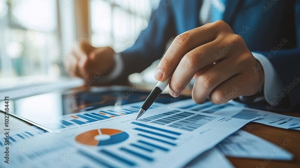 Professional using a stylus to highlight data points on a tablet graph, with printed charts scattered on the desk Stock Photo with side copy space Professional using a stylus to highlight data points on a tablet graph, with printed charts scattered on the desk Stock Photo with side copy space