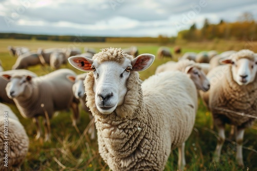 A Sheep of various breeds on pasture of organic farm.