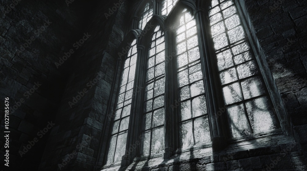 A large, arched window in a stone building, with light streaming through it. A large, arched window in a stone building, with light streaming through it.
