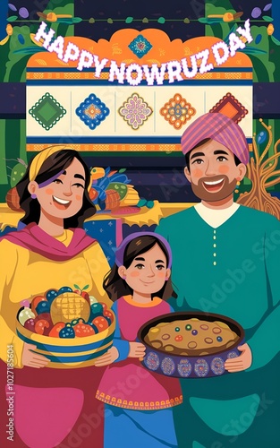 happy Persian family celebrating Nowruz. There is a woman holding a sib (a traditional Persian dish) and a man holding a sir (a traditional Persian dish).  photo