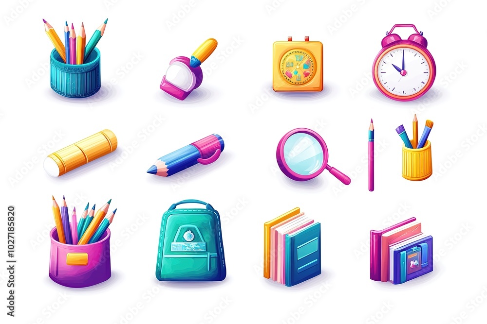 Set of school icons, paintbrush and pencil with color palette, magnifying glass for several books in the backpack, alarm clock on white background Set of school icons, paintbrush and pencil with color palette, magnifying glass for several books in the backpack, alarm clock on white background