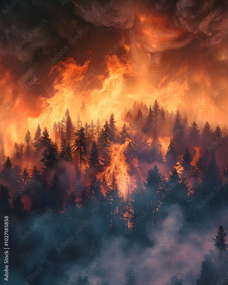 Dramatic Wildfire Consuming Forest Amidst Turbulent Sky with Billowing Smoke Dramatic Wildfire Consuming Forest Amidst Turbulent Sky with Billowing Smoke