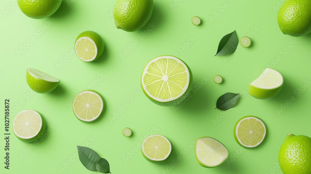 Fresh limes and lemons arranged on vibrant green background Fresh limes and lemons arranged on vibrant green background